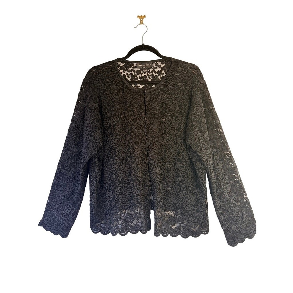 Vtg CONNECTED WOMAN Black Floral Lace Scalloped Cardigan 2X Plus Dark Romantic
